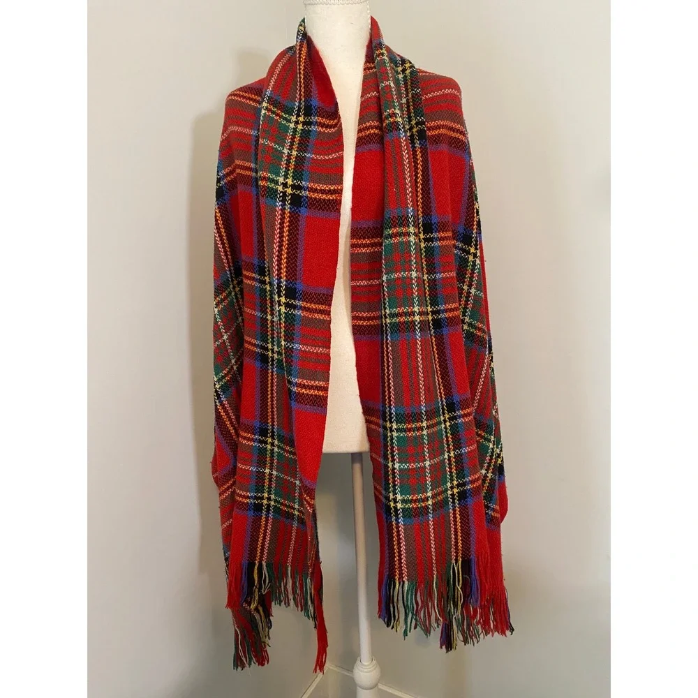 Dunlap Weavers Scarf Red Tartan Plaid Wool Silk Fringed Shawl USA Cabincore